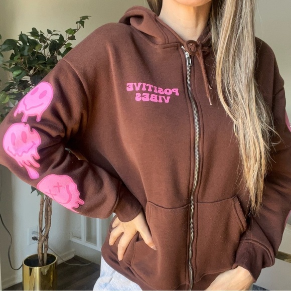 Faded Rose Essentials Positive Vibes Smiley Face Brown Pink Sweatshirt Hoodie S - Picture 3 of 13